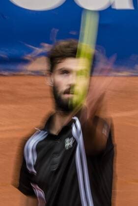 April 22, 2016 - Barcelona, Catalonia, Spain - BENOIT PAIRE (FRA) serves the ball to Malek Jaziri (TUN) during their qurter-final at the Barcelona Open Banc Sabadell 2016. Paire wins 3-6, 7-5, 6-1 Paire Reaches Semi Finals At Barcelona Open 2016 - ZUMAo105