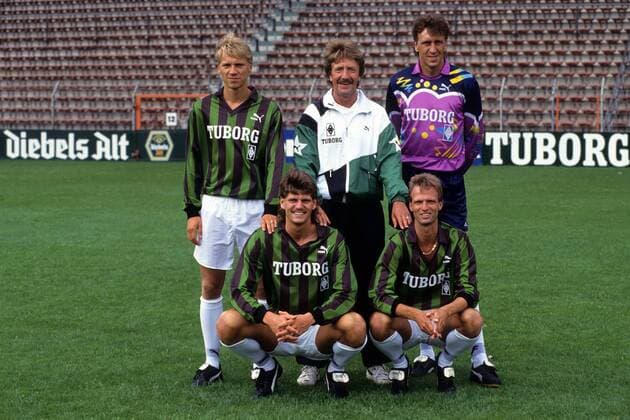 Neuzugänge Borussia Mönchengladbach 1991 1992, hi.v.li.: Horst Steffen, Trainer Gerd vom Bruch, Torwart Dirk Heyne, vorn: Joachim Stadler und Holger Fach