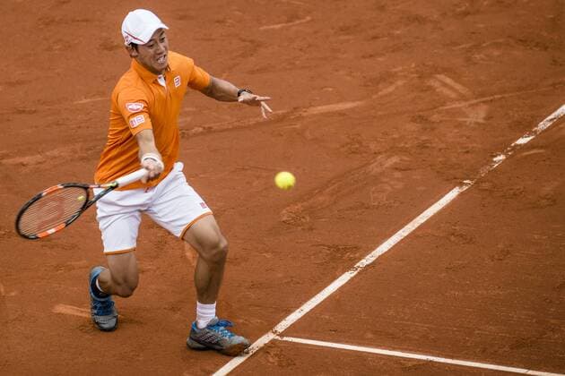 April 22, 2016 - Barcelona, Catalonia, Spain - KEI NISHIKORI (JAP) returns a ball to Alexandr Dolgopolov (UKR) during their quarter-final of the Barcelona Open Banc Sabadell 2016. Nishikori wins 7-5, 6-0 Nishikori Reaches Barcelona Open 2016 Semi Finals - ZUMAo105