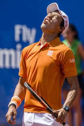 April 23, 2016 - Barcelona, Catalonia, Spain - KEI NISHIKORI of Japon reacts after losing a point against Benoit Paire of France during their semi-final at the Barcelona Open Banc Sabadell 2016. Nishikori won 6:3, 6:2. Tennis 2016 - Barcelona Open - Day 6 - ZUMAo105