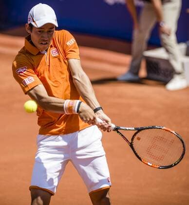 April 23, 2016 - Barcelona, Catalonia, Spain - KEI NISHIKORI of Japon returns the ball to Benoit Paire of France during their semi-final at the Barcelona Open Banc Sabadell 2016. Nishikori won 6:3, 6:2. Tennis 2016 - Barcelona Open - Day 6 - ZUMAo105