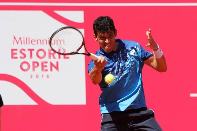 April 23, 2016 - Estoril, Portugal - Franko Skugor of Croatia returns a ball to Jo¹o Domingues of Portugal during the Qualifying of the Millennium Estoril Open ATP Tennis Herren 250 tennis tournament at the Clube de TÅ½nis do Estoril in Portugal on April 25, 2016. Millennium Estoril Open ATP 250 tennis tournament - Jo‹o Domingues (POR) vs Franko Skugor (CRO) - ZUMAf123