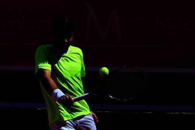 April 23, 2016 - Estoril, Portugal - Gerard Granollers of Spain returns a ball to Andrea Arnaboldi of Italy during the Qualifying of the Millennium Estoril Open ATP Tennis Herren 250 tennis tournament at the Clube de TÅ½nis do Estoril in Portugal on April 25, 2016. Millennium Estoril Open ATP 250 tennis tournament - Andrea Arnaboldi (ITA) vs Gerard Granollers (ESP) - ZUMAf123