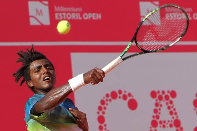 April 23, 2016 - Estoril, Portugal - Swedish Elias Ymer returns a ball to Portuguese Rui Machado during the Qualifying of the Millennium Estoril Open ATP Tennis Herren 250 tennis tournament at the Clube de TÃƒÂ©nis do Estoril in Portugal on April 25, 2016. Millennium Estoril Open ATP 250 tennis tournament - Rui Machado (POR) vs Elias Ymer (SWE) - ZUMAf123