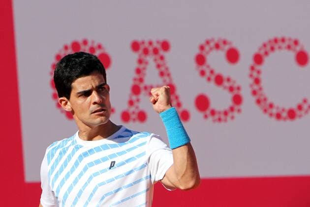 April 23, 2016 - Estoril, Portugal - Portuguese Rui Machado celebrates a point over Swedish Elias Ymer during the Qualifying of the Millennium Estoril Open ATP Tennis Herren 250 tennis tournament at the Clube de TÅ½nis do Estoril in Portugal on April 25, 2016. Millennium Estoril Open ATP 250 tennis tournament - Rui Machado (POR) vs Elias Ymer (SWE) - ZUMAf123