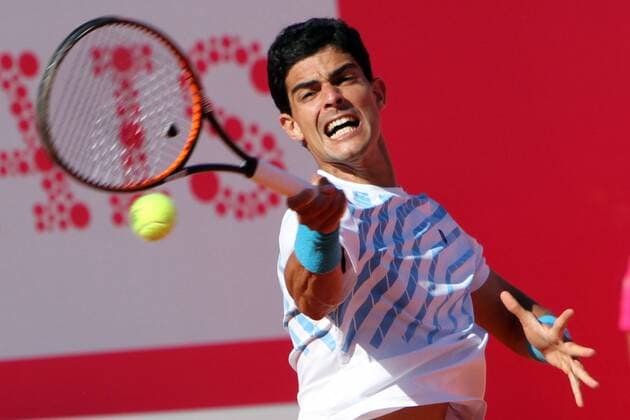 April 23, 2016 - Estoril, Portugal - Portuguese Rui Machado returns a ball to Swedish Elias Ymer during the Qualifying of the Millennium Estoril Open ATP Tennis Herren 250 tennis tournament at the Clube de TÅ½nis do Estoril in Portugal on April 25, 2016. Millennium Estoril Open ATP 250 tennis tournament - Rui Machado (POR) vs Elias Ymer (SWE) - ZUMAf123