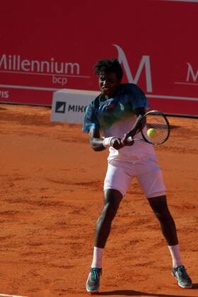 April 23, 2016 - Estoril, Portugal - Swedish Elias Ymer returns a ball to Portuguese Rui Machado during the Qualifying of the Millennium Estoril Open ATP Tennis Herren 250 tennis tournament at the Clube de TÃƒÂ©nis do Estoril in Portugal on April 25, 2016. Millennium Estoril Open ATP 250 tennis tournament - Rui Machado (POR) vs Elias Ymer (SWE) - ZUMAf123