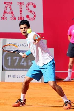 April 23, 2016 - Estoril, Portugal - Portuguese Rui Machado returns a ball to Swedish Elias Ymer during the Qualifying of the Millennium Estoril Open ATP Tennis Herren 250 tennis tournament at the Clube de Tnis do Estoril in Portugal on April 25, 2016. Millennium Estoril Open  - ZUMAn230