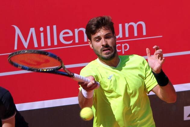 April 23, 2016 - Estoril, Portugal - Gerard Granollers of Spain returns a ball to Andrea Arnaboldi of Italy during the Qualifying of the Millennium Estoril Open ATP Tennis Herren 250 tennis tournament at the Clube de TÃƒÂ©nis do Estoril in Portugal on April 25, 2016. Millennium Estoril Open  - ZUMAn230