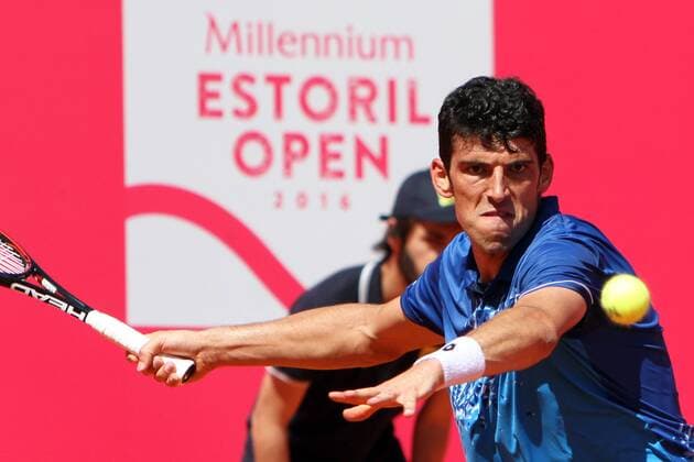 April 23, 2016 - Estoril, Portugal - Franko Skugor of Croatia returns a ball to Joo Domingues of Portugal during the Qualifying of the Millennium Estoril Open ATP Tennis Herren 250 tennis tournament at the Clube de Tnis do Estoril in Portugal on April 25, 2016. Millennium Estoril Open  - ZUMAn230