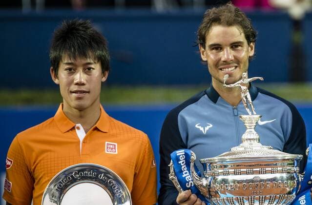 April 24, 2016 - Barcelona, Catalonia, Spain - KEI NISHIKORI of Japon and RAFAEL NADAL of Spain pose with their trophies after playing the final of the Barcelona Open Banc Sabadell 2016 Rafael Nadal won 6:4, 7:5 Rafael Nadal Wins Barcelona Open 2016 - ZUMAo105