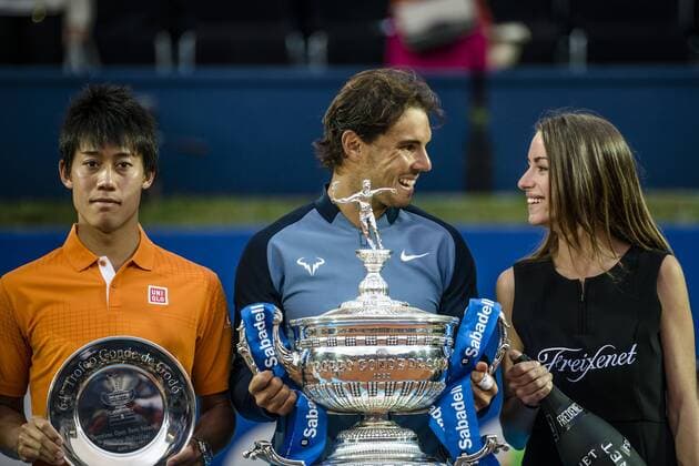 April 24, 2016 - Barcelona, Catalonia, Spain - KEI NISHIKORI of Japon and RAFAEL NADAL of Spain pose with their trophies after playing the final of the Barcelona Open Banc Sabadell 2016 Rafael Nadal won 6:4, 7:5 Rafael Nadal Wins Barcelona Open 2016 - ZUMAo105