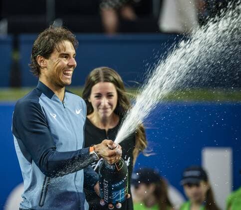 April 24, 2016 - Barcelona, Catalonia, Spain - RAFAEL NADAL of Spain jokes with champagne after winning the final of the Barcelona Open Banc Sabadell 2016 against Kei Nishikori of Japon Rafael Nadal won 6:4, 7:5 Rafael Nadal Wins Barcelona Open 2016 - ZUMAo105