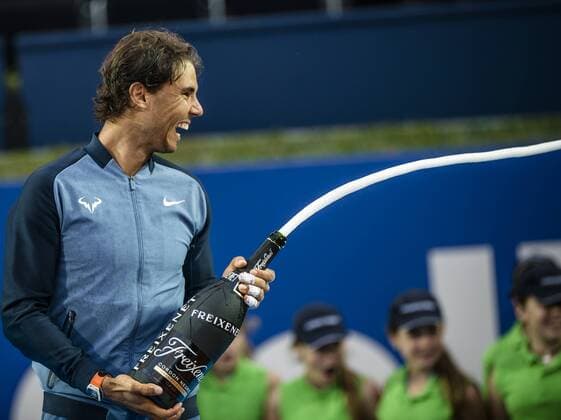 April 24, 2016 - Barcelona, Catalonia, Spain - RAFAEL NADAL of Spain jokes with champagne after winning the final of the Barcelona Open Banc Sabadell 2016 against Kei Nishikori of Japon Rafael Nadal won 6:4, 7:5 Rafael Nadal Wins Barcelona Open 2016 - ZUMAo105