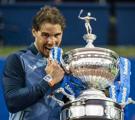 April 24, 2016 - Barcelona, Catalonia, Spain - RAFAEL NADAL of Spain bytes the cup after winning the final of the Barcelona Open Banc Sabadell 2016 against Kei Nishikori of Japon Rafael Nadal won 6:4, 7:5 Rafael Nadal Wins Barcelona Open 2016 - ZUMAo105