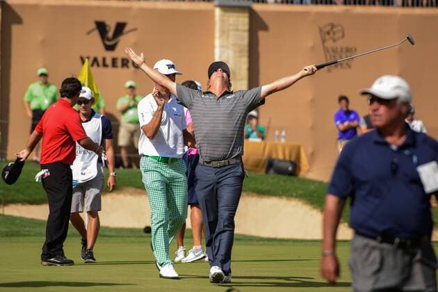 24 Apr 2016: Charley Hoffman celebrates his first career victory following the final round of the Valero Texas Open at the TPC San Antonio Oaks Course in San Antonio, TX. (Photo by Daniel Dunn Icon Sportswire) GOLF: APR 24 PGA Golf Herren - Valero Texas Open - Final Round Icon16042444 EDITORIAL USE ONLY