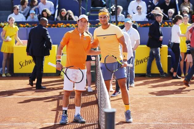 (L-R) Kei Nishikori (JPN), Rafael Nadal (ESP), APRIL 24, 2016 - Tennis : Kei Nishikori of Japan and Rafael Nadal of Spain take a photo before singls Final match on the Barcelona Open Banc Sabadell tennis tournament at the Real Club de Tenis de Barcelona in Barcelona, Spain, April 24, 2016. Noxthirdxpartyxsales  (heha025104)
