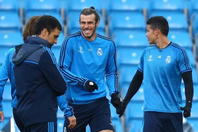Gareth Bale of Real Madrid smiles during the UEFA Champions League training and press conference PK Pressekonferenz at the Etihad Stadium. Photo credit should read: Philip Oldham Sportimage EDITORIAL USE ONLY. No use with unauthorised audio, video, data, fixture lists, club league logos or live services. Online in-match use limited to 120 images, no video emulation. No use in betting, games or single club league player publications.