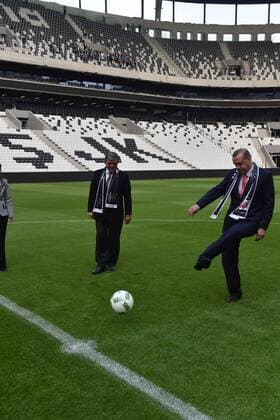 Turkish President Recep Tayyip Erdogan and 11. President of Turkey Abdullah Gul plays soccer during the inauguration Vodafone Arena Inonu Stadium, the brand new Istanbul waterfront stadium of the Besiktas.  15349732