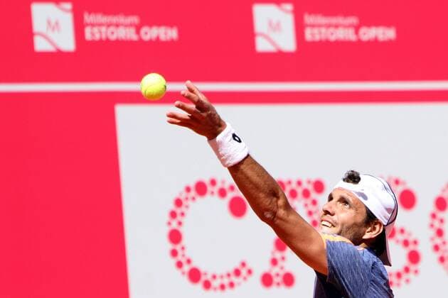 April 26, 2016 - Estoril, Portugal - Paul-Henri Mathieu of France serves a ball to Gastao Elias of Portugal during the Millennium Estoril Open ATP Tennis Herren 250 tennis tournament at the Clube de TÅ½nis do Estoril in Portugal on April 26, 2016. Paul-Henri Mathieu won 2-0 Millennium Estoril Open ATP 250 tennis tournament - Gastao Elias (POR) vs Paul-Henri Mathieu (FRA) - ZUMAf123