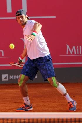 April 26, 2016 - Estoril, Portugal - Paolo Lorenzi of Italy returns a ball to Elias Ymer of Sweden during the Millennium Estoril Open ATP Tennis Herren 250 tennis tournament at the Clube de TÅ½nis do Estoril in Portugal on April 26, 2016. Millennium Estoril Open ATP 250 tennis tournament - Paolo Lorenzi (ITA) vs Elias Ymer (SWE) - ZUMAf123