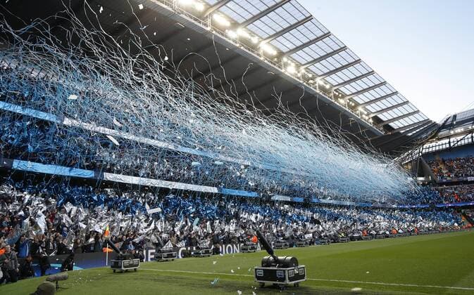 Manchester City put on a pre match show during the UEFA Champions League Semi Final match at Etihad Stadium. Photo credit should read: Simon Bellis Sportimage EDITORIAL USE ONLY. No use with unauthorised audio, video, data, fixture lists, club league logos or live services. Online in-match use limited to 120 images, no video emulation. No use in betting, games or single club league player publications.