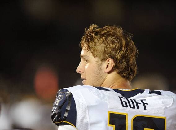 October 22, 2015 Pasadena, CA...California quarterback Jared Goff (16) passes against UCLA in the first half of a NCAA College League USA college football game at the Rose Bowl in Pasadena, Calif., Thursday, Oct. 22, 2015. The Bruins defeated the Cal Bears 40-22. (Mandatory Credit: Jose Marin MarinMedia.org Cal Media) (Complete photographer, and company credit required) NCAA Football 2015: Cal vs UCLA OCT 22 - ZUMAc04_
