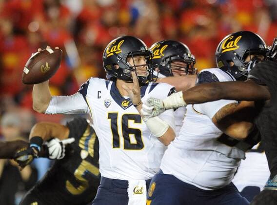 October 22, 2015 Pasadena, CA...California quarterback Jared Goff (16) passes against UCLA in the first half of a NCAA College League USA college football game at the Rose Bowl in Pasadena, Calif., Thursday, Oct. 22, 2015. The Bruins defeated the Cal Bears 40-22. (Mandatory Credit: Jose Marin MarinMedia.org Cal Media) (Complete photographer, and company credit required) NCAA Football 2015: Cal vs UCLA OCT 22 - ZUMAc04_