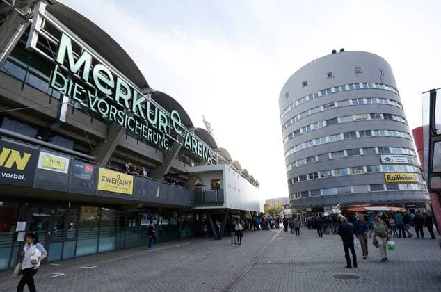SOCCER - BL, Sturm vs Ried GRAZ,AUSTRIA,30.APR.16 - SOCCER - tipico Bundesliga, SK Sturm Graz vs SV Ried. Image shows the stadium with the new Merkur logo. GEPAxpictures xDavidxRodriguez