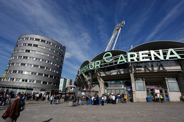 SOCCER - BL, Sturm vs Ried GRAZ,AUSTRIA,30.APR.16 - SOCCER - tipico Bundesliga, SK Sturm Graz vs SV Ried. Image shows the stadium with the new Merkur logo. GEPAxpictures xDavidxRodriguez