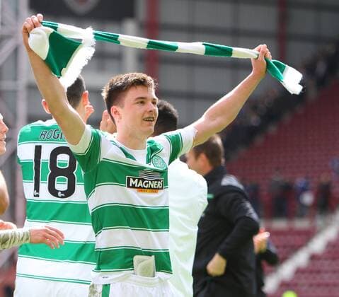 30.04.2016. Tynecastle, Edinburgh, Scotland. Scottish Premier League. Hearts versus Celtic. Kieran Tierney celebrates the final whistle xVagelisxGeorgarioux  ActionPlus11731695