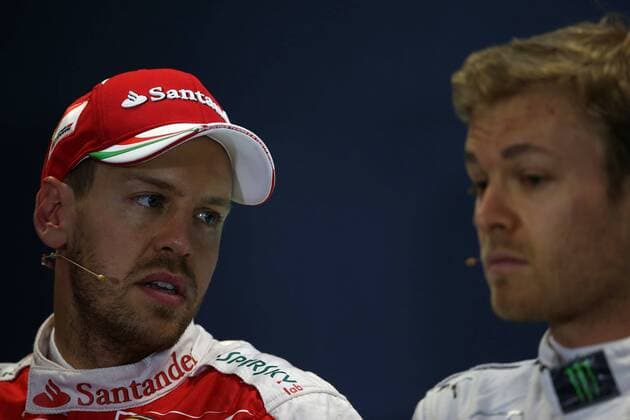 Russian Grand Prix, Sochi 28 April - 1 May 2016 30.04.2016 - Qualifying, press conference PK Pressekonferenz Sebastian Vettel (GER) Scuderia Ferrari SF16-H and Nico Rosberg (GER) Mercedes AMG F1 W07 Hybrid 