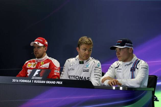 Russian Grand Prix, Sochi 28 April - 1 May 2016 30.04.2016 - Qualifying, press conference PK Pressekonferenz Sebastian Vettel (GER) Scuderia Ferrari SF16-H, Nico Rosberg (GER) Mercedes AMG F1 W07 Hybrid and Valtteri Bottas (FIN) Williams FW38 