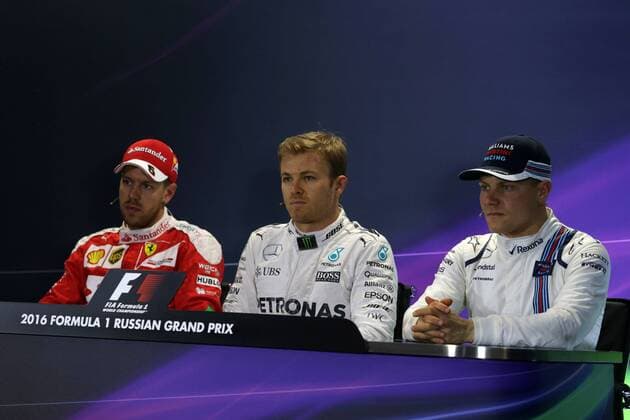 Russian Grand Prix, Sochi 28 April - 1 May 2016 30.04.2016 - Qualifying, press conference PK Pressekonferenz Sebastian Vettel (GER) Scuderia Ferrari SF16-H , Nico Rosberg (GER) Mercedes AMG F1 W07 Hybrid and Valtteri Bottas (FIN) Williams FW38 