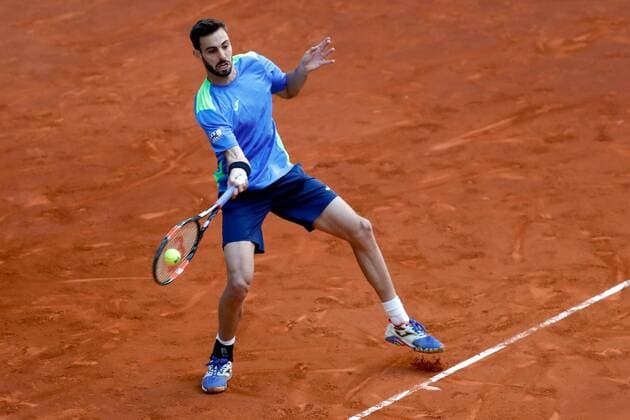 Spanish tennis player Marcel Granollers returns the ball to compatriot Roberto Ortega-Olmedo during the first round match of the Mutua Madrid Open played at the Caja Magica court in Madrid, Spain, 30 April 2016. The Mutua Madrid Open runs from 29 April to 08 May 2016. Marcel Granollers vs Roberto Ortega-Olmedo !ACHTUNG: NUR REDAKTIONELLE NUTZUNG!  20160430-635976448153272164