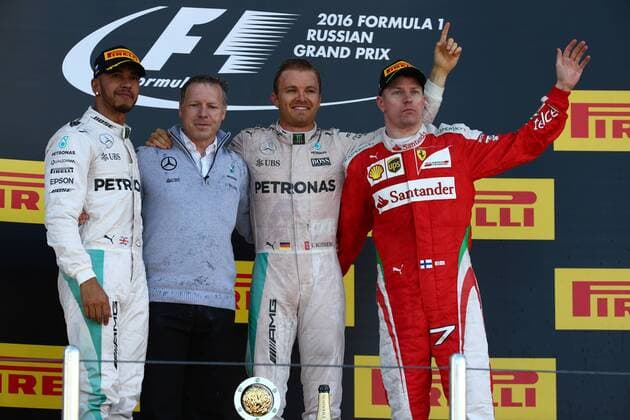 Russian Grand Prix, Sochi 28 April - 1 May 2016 01.05.2016 - Race, 1st position Nico Rosberg (GER) Mercedes AMG F1 W07 Hybrid, 2nd position Lewis Hamilton (GBR) Mercedes AMG F1 W07 Hybrid and 3rd position Kimi Raikkonen (FIN) Scuderia Ferrari SF16-H 