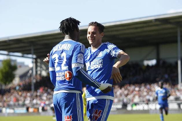 joie Michy Batshuayi (Marseille ) et Florian Thauvin ( Mariselle ) FOOTBALL : SCO Angers vs Olympique Marseille - Ligue 1 - 01 05 2016 GwendolineLeGoffx 