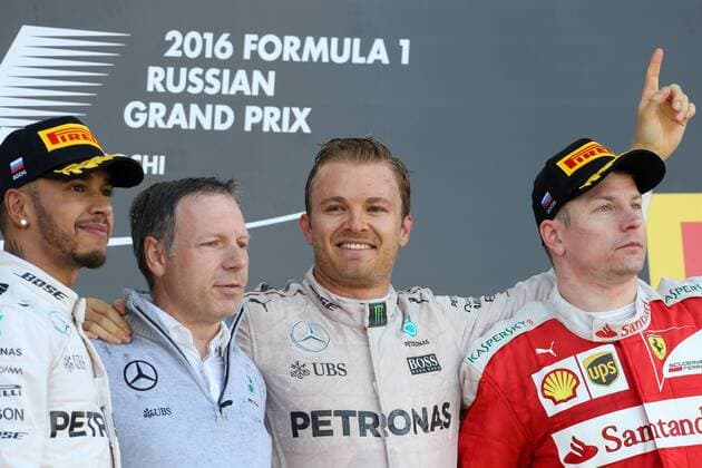 Russian Grand Prix, Sochi 28 April - 1 May 2016 01.05.2016 - Race, 1st position Nico Rosberg (GER) Mercedes AMG F1 W07 Hybrid, 2nd position Lewis Hamilton (GBR) Mercedes AMG F1 W07 Hybrid and 3rd position Kimi Raikkonen (FIN) Scuderia Ferrari SF16-H 