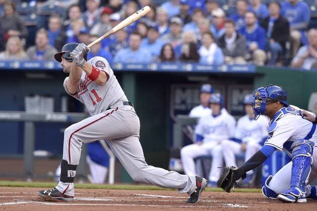 May 2, 2016 - Kansas City, MO, USA - Washington Nationals Ryan Zimmerman follows through on an RBI double to score Michael Taylor during the first inning on Monday, May 2, 2016, at Kauffman Stadium in Kansas City, Mo. Washington Nationals at Kansas City Royals - ZUMAm67_