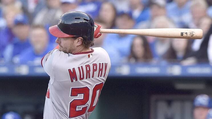 May 2, 2016 - Kansas City, MO, USA - Washington Nationals Daniel Murphy follows through on a sacrifice fly to score Anthony Rendon during the first inning on Monday, May 2, 2016, at Kauffman Stadium in Kansas City, Mo. Washington Nationals at Kansas City Royals - ZUMAm67_