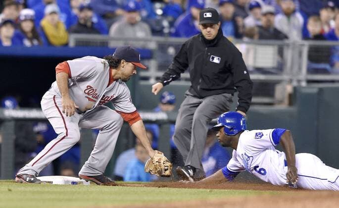 May 2, 2016 - Kansas City, MO, USA - Washington Nationals third baseman Anthony Rendon tags out Kansas City Royals Lorenzo Cain trying to steel third to end the third inning on Monday, May 2, 2016, at Kauffman Stadium in Kansas City, Mo. Washington Nationals at Kansas City Royals - ZUMAm67_