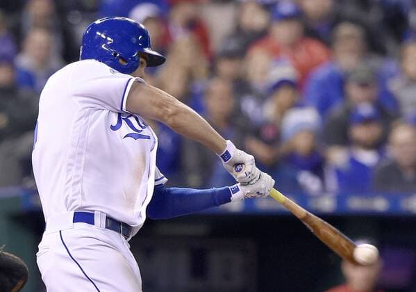 May 2, 2016 - Kansas City, MO, USA - Kansas City Royals Eric Hosmer connects on a single during the sixth inning on Monday, May 2, 2016, at Kauffman Stadium in Kansas City, Mo. Washington Nationals at Kansas City Royals - ZUMAm67_