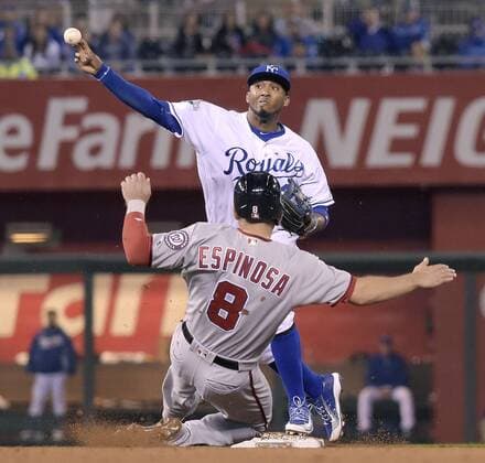May 2, 2016 - Kansas City, MO, USA - Kansas City Royals shortstop Alcides Escobar forces out Washington Nationals Danny Espinosa at second and completes the double play on Michael Taylor during the fifth inning on Monday, May 2, 2016, at Kauffman Stadium in Kansas City, Mo. Washington Nationals at Kansas City Royals - ZUMAm67_
