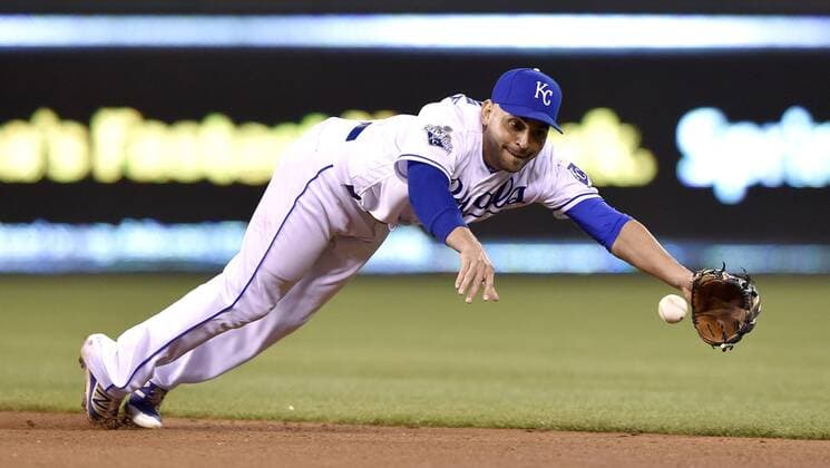 May 2, 2016 - Kansas City, MO, USA - Kansas City Royals second baseman Omar Infante couldn t reach a single by Washington Nationals Daniel Murphy during the fourth inning on Monday, May 2, 2016, at Kauffman Stadium in Kansas City, Mo. Washington Nationals at Kansas City Royals - ZUMAm67_