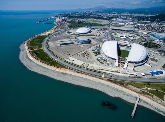 SOCHI, RUSSIA. MAY 2, 2016. An aerial view of the Fisht Stadium, a venue of the 2018 FIFA World Cup WM Weltmeisterschaft Fussball in Russia, in Sochi s Olympic Park. Sergei Bobylev TASS  TS021973