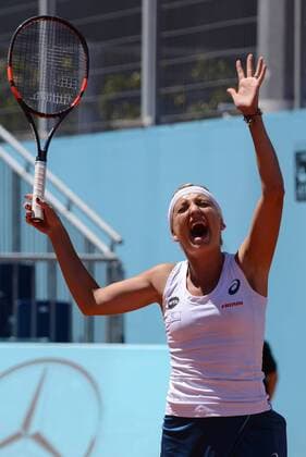 May 3, 2016 - Madrid, Spain - TIMEA BACSINSZKY of Switzerland celebrates winning her match vs. E. Makarova at the Mutua Madrid Open. Tennis 2016 - Mutua Madrid Open - Day 4 - ZUMAl132