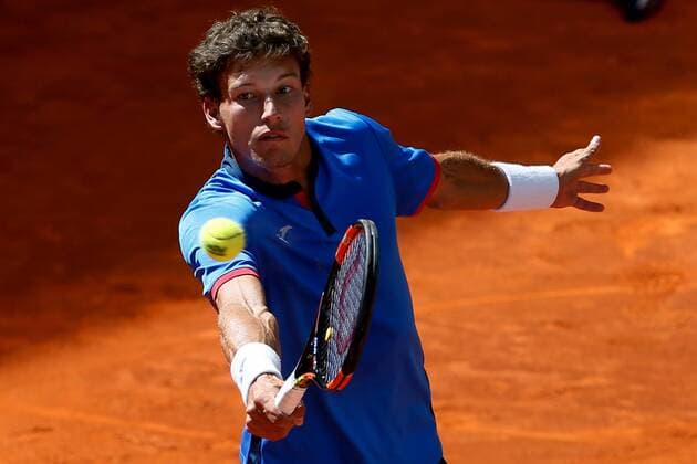 Spanish tennis player Pablo Carreno Busta returns the ball ti Bulgarian Grigor Dimitrov during their Mutua Madrid Open tennis tournament first round match at the Caja Magica Tennis Center in Madrid, Spain, 03 May 2016. The Mutua Madrid Open runs from 29 April until 08 May 2016. PABLO CARRENO BUSTA VS GRIGOR DIMITROV !ACHTUNG: NUR REDAKTIONELLE NUTZUNG!  GRA256 20160503-635978902029182486