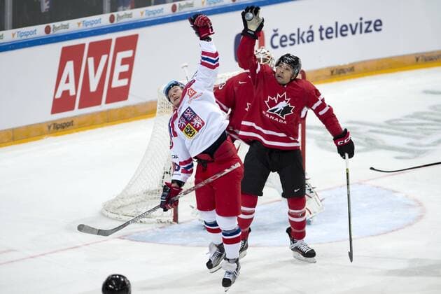 David Pastrnak (CZE), left, and Cody Ceci (CAN) in action during the friendly match Czech Republic vs Canada in Prague, Czech Republic, on Tuesday, May 3, 2016. (CTKxPhoto MichalxKamaryt) CTKPhotoP201605030940801  kmt 1