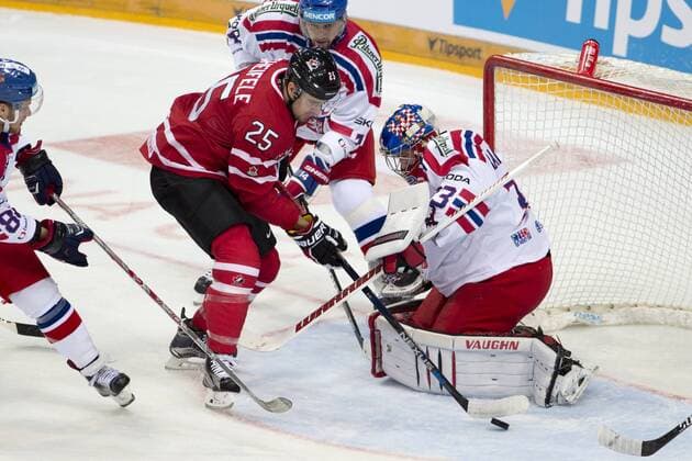 David Pastrnak (CZE), from left, Mark Scheifele (CAN) and Tomas Plekanec and goalkeeper Pavel Francouz (both CZE) in action during the friendly match Czech Republic vs Canada in Prague, Czech Republic, on Tuesday, May 3, 2016. (CTKxPhoto MichalxKamaryt) CTKPhotoP201605030946201  kmt 4
