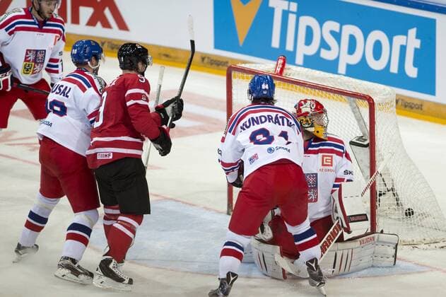 Robert Kousal (CZE), from left, and Matt Duchene (CAN), and Tomas Kundratek and goalkeeper Pavel Francouz (both CZE) in action during the friendly match Czech Republic vs Canada in Prague, Czech Republic, on Tuesday, May 3, 2016. (CTKxPhoto MichalxKamaryt) CTKPhotoP201605030949001  kmt 5